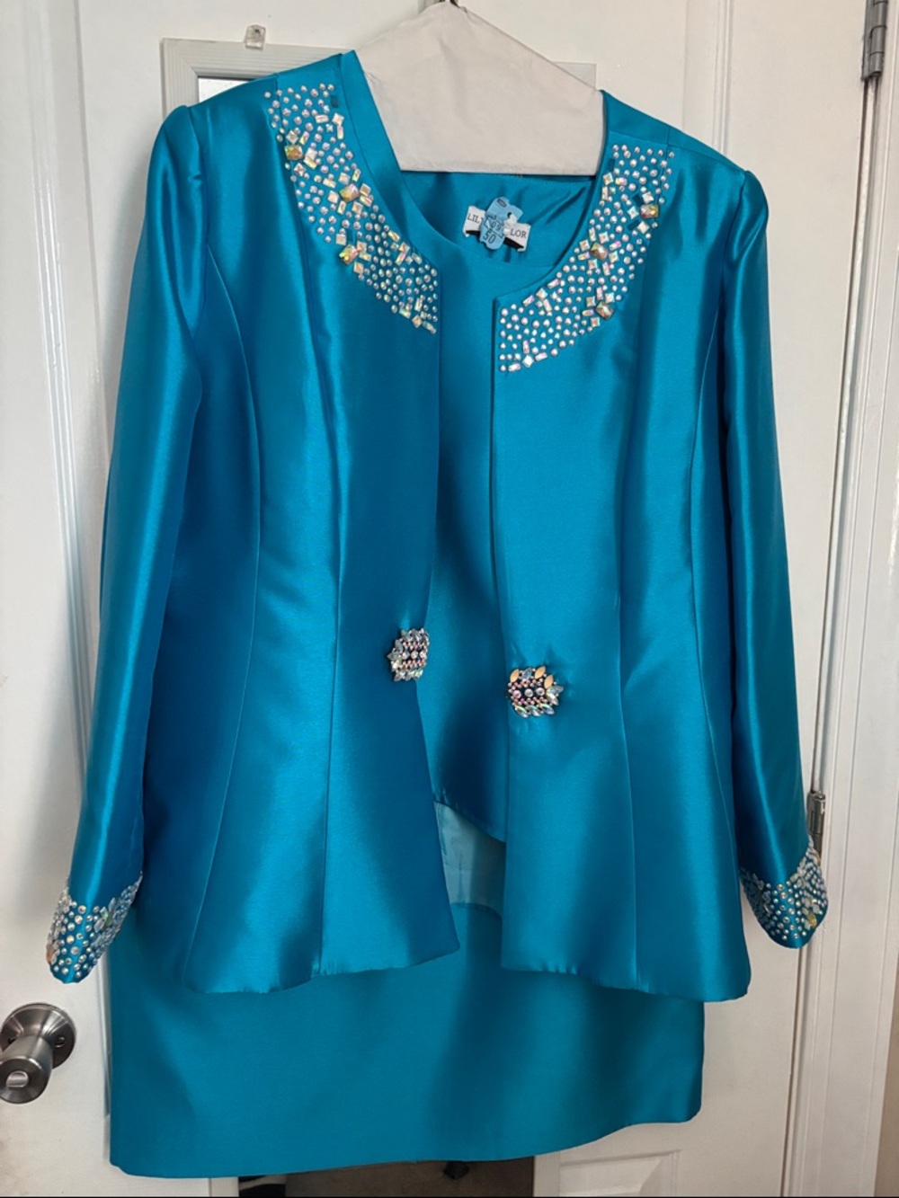 Teal Satin Rhinestone Embellished Two-Piece Dress Jacket Set
